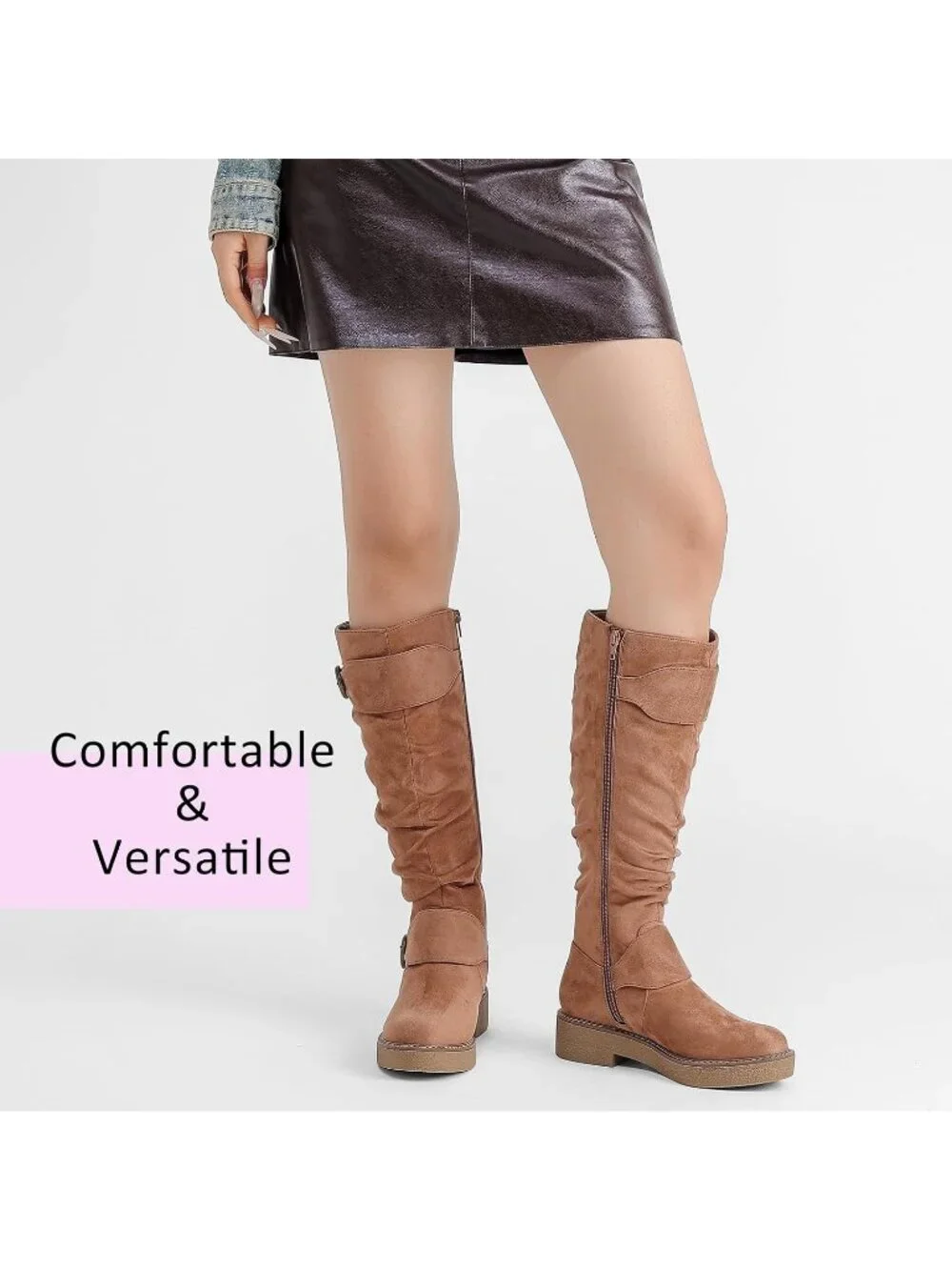 Women's Tan Casual Platform Slouchy Side Zipper Comfort Round Toe Knee High Boot